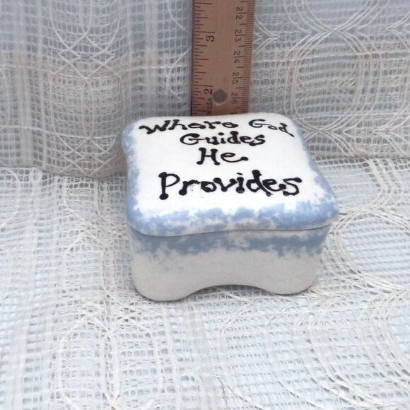Handmade Ceramic Square Trinket Dish White and Blue Lidded With Message - Picture 6 of 9